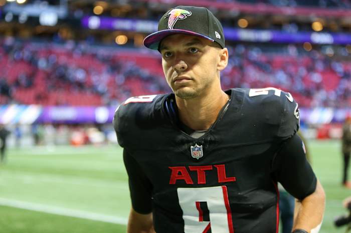 Oct 8, 2023; Atlanta, Georgia, USA; Atlanta Falcons quarterback Desmond Ridder (9) leaves the field after a victory against the Houston Texans at Mercedes-Benz Stadium.